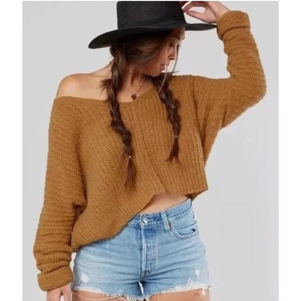 Free People Women's Moonbeam V-Neck Alpaca Blend Mustard Sweater Pullover - XS